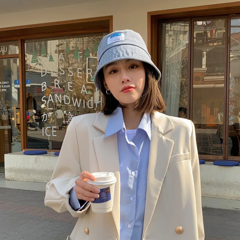 2021 Korean cowboy fisherman's hat basin hat women's new spring autumn washing cowboy pure color label hat can be turned around