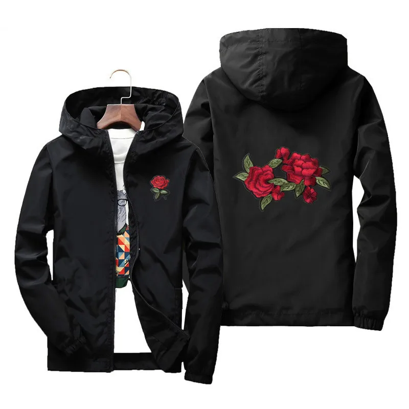 

DropShipping Men Women Rose Embroidery Windproof waterproof Jacket College Zipper Hooded Windbreaker Men Plus Size 6XL 7XL Coats