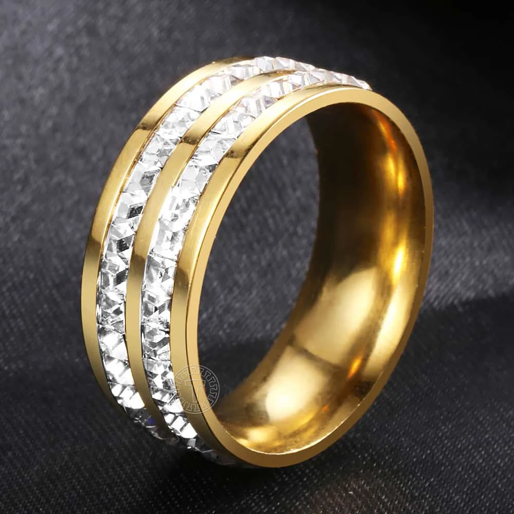 Двухрядное кольцо с фианитом для мужчин и женщин из нержавеющей стали золотого