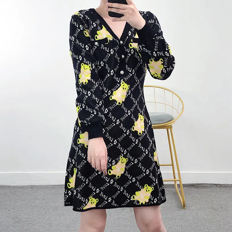 

Letters Long Sleeve V-neck Knitted Dress Female Spring Autumn High Waist Retro Sweater Dresses Women Robes T22009