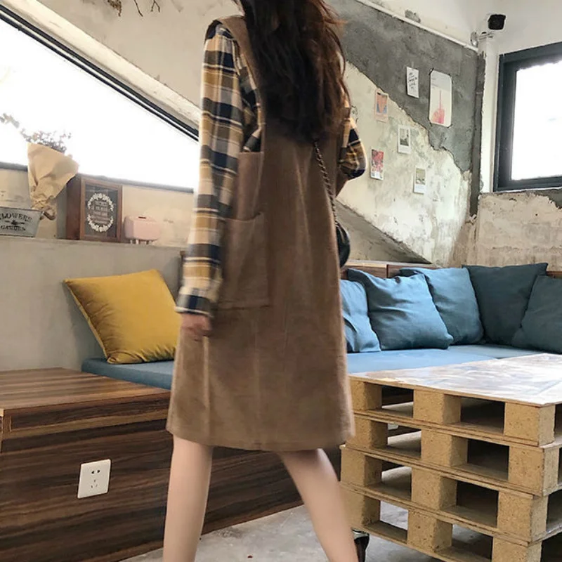 

Women Sleeveless Dress Corduroy Knee-length Solid Side Pockets Party Dress Loose Suspender Streetwear Elegant Plus Size Chic