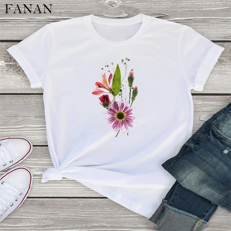 

New Harajuku Vintage Wildflower Graphic Tshirts Women Kawaii Cartoon Vegan Floral Print Tees Shirt Femme Fashion Aesthetic Tops