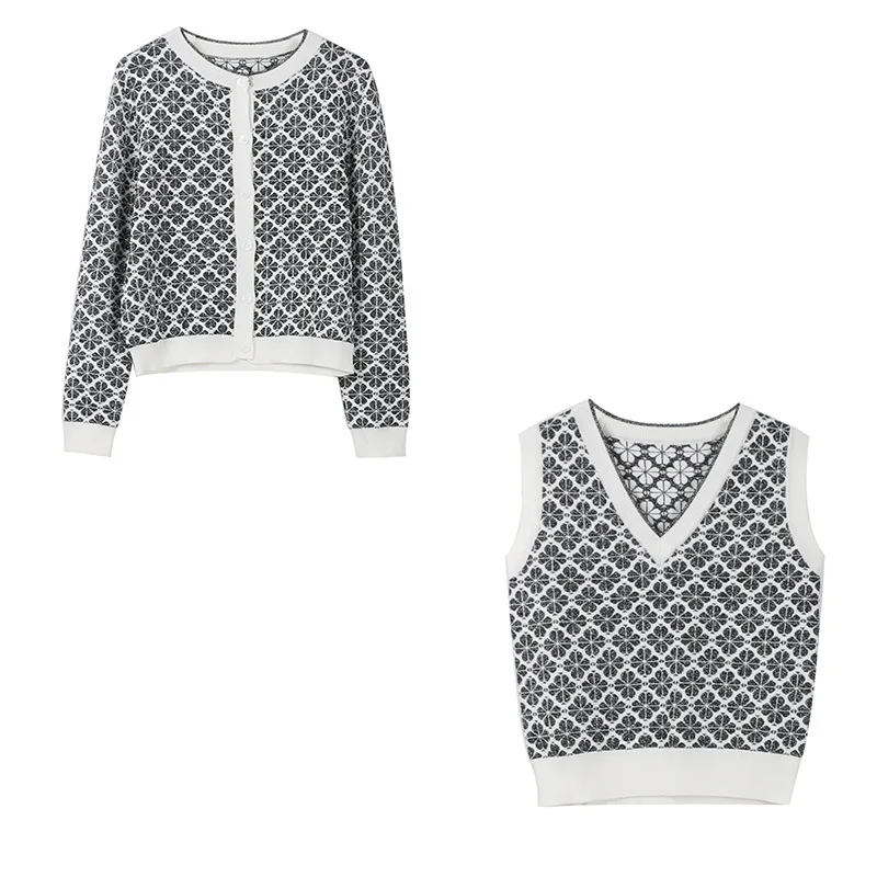 Two Piece Lucky Four-leaf Clover Jacquard Cardigan Women New High Quality Luxury Brand Cardigans Knitted Coat Tops Sweaters Set |