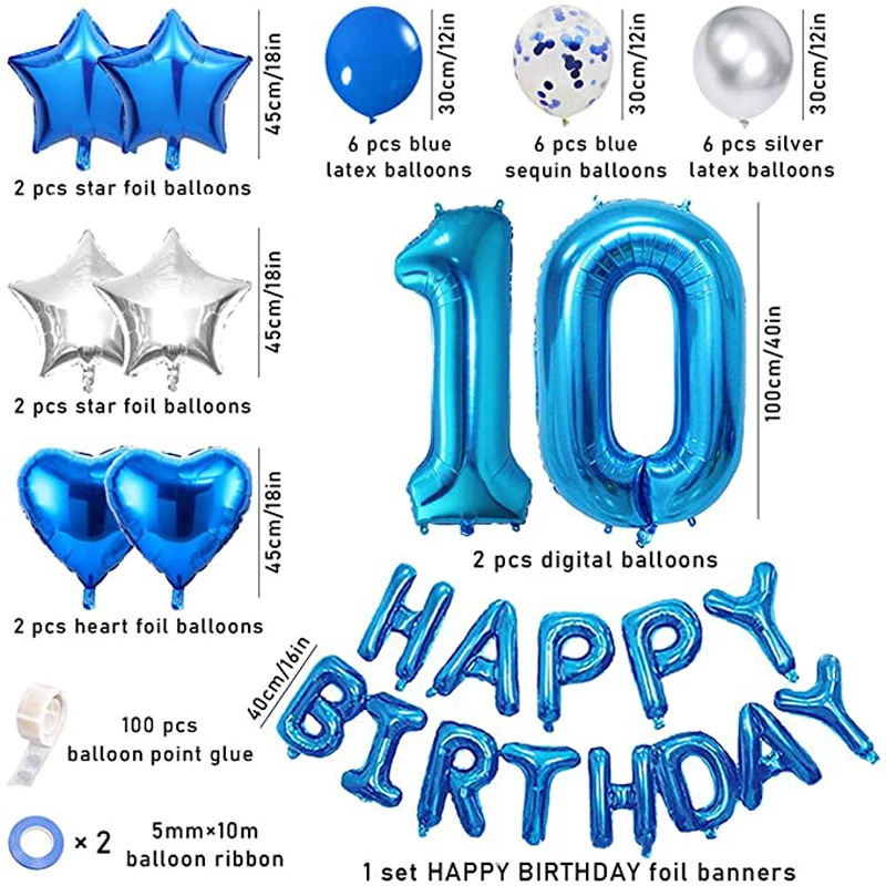 Conjunto de globos de 10 &deg; cumplea&ntilde;os para ni&ntilde;o y ni&ntilde;a, decoraci&oacute;n de fiesta de cumplea&ntilde;os, color azul, con n&uacute;mero de estrella de feliz cumplea&ntilde;os, 10-3