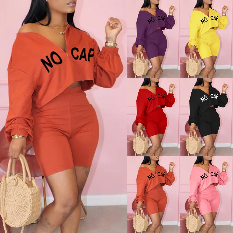 

Fashion Women Letter Print Zipper Long Sleeves Casual Tops Shorts Outfits Skin-friendly Comfy Daily Wear