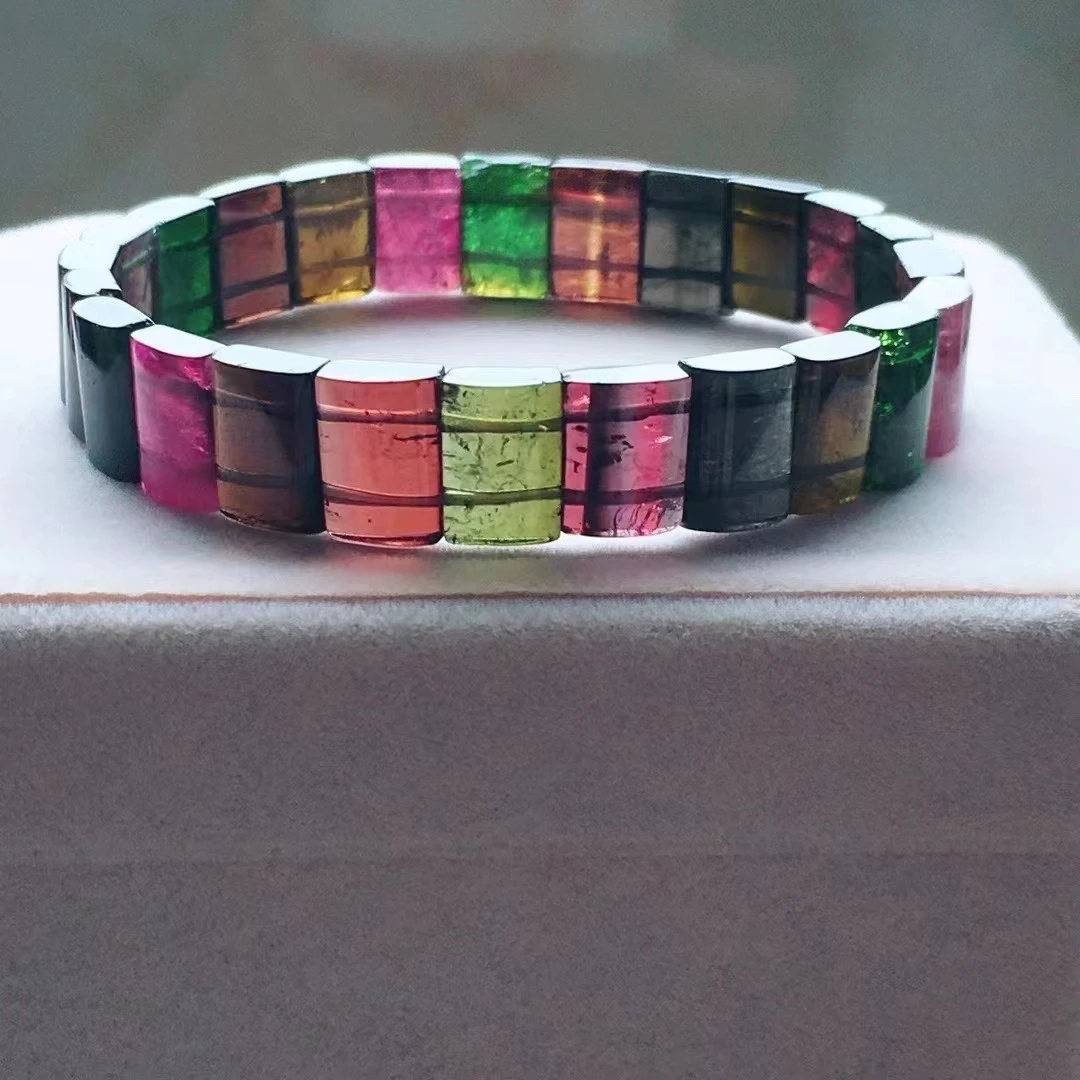 

Natural Colorful Red Tourmaline Rainbow Bracelet 11.6mm Clear Rectangle Beads Women Men Fashion Tourmaline Bangle AAAAAA