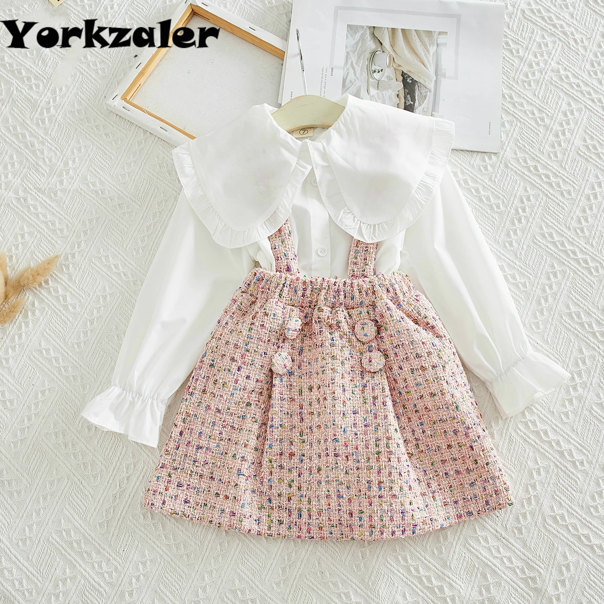 

2019 New Brand Girls Clothes Set White Blouse Shirt and Pink Knitted Overall Children Clothing Set for 3-7years Old Kids Outfits