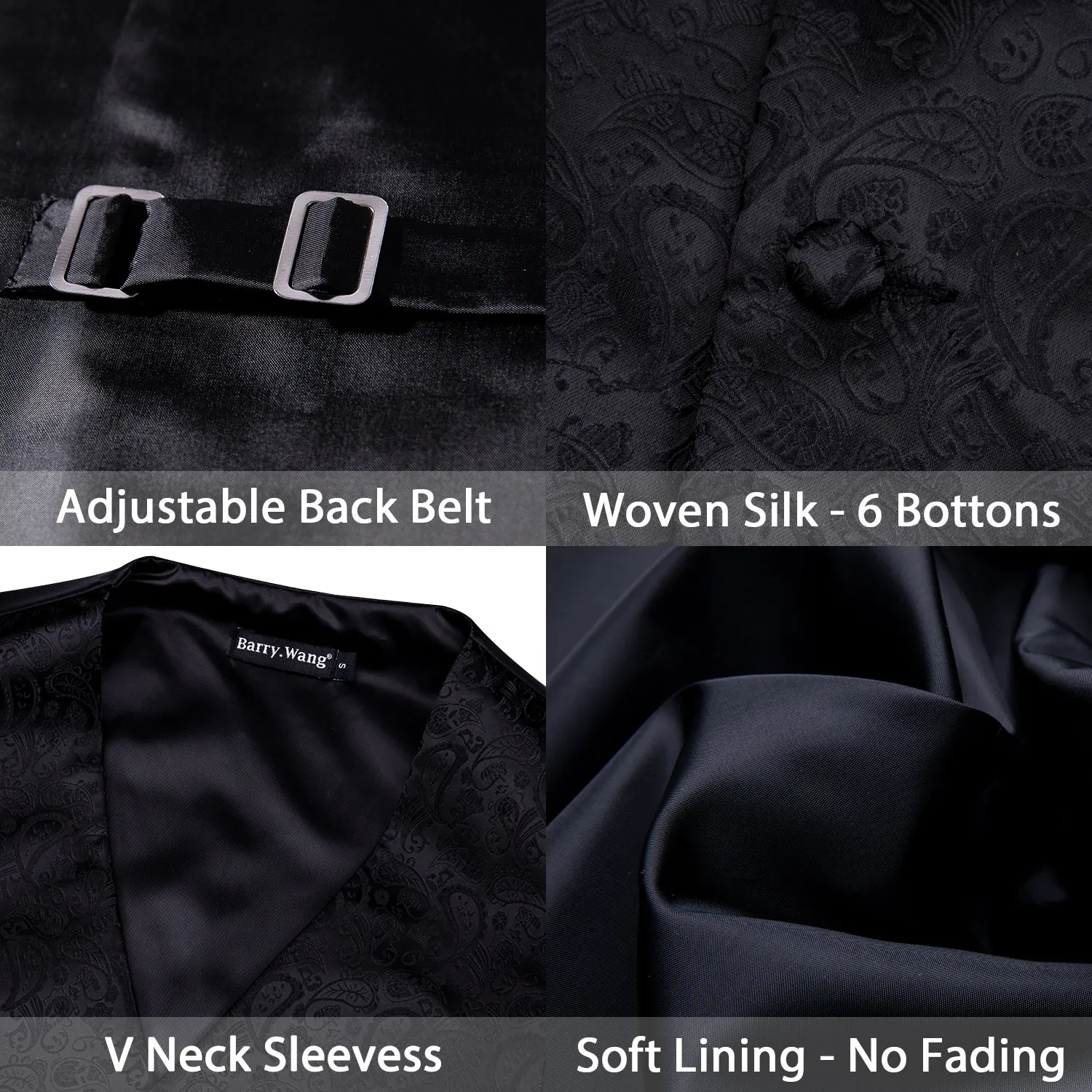 

4PC Mens Silk Vest Party Wedding Black Paisley Solid Floral Waistcoat Vest Pocket Square Tie Slim Suit Set Barry.Wang BM-2014