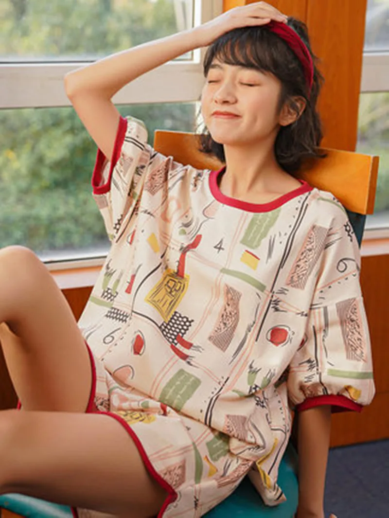 

Pajama women's summer cartoon thin loose short sleeve pure cotton fresh sweet lovely girl home clothes two piece suit summer