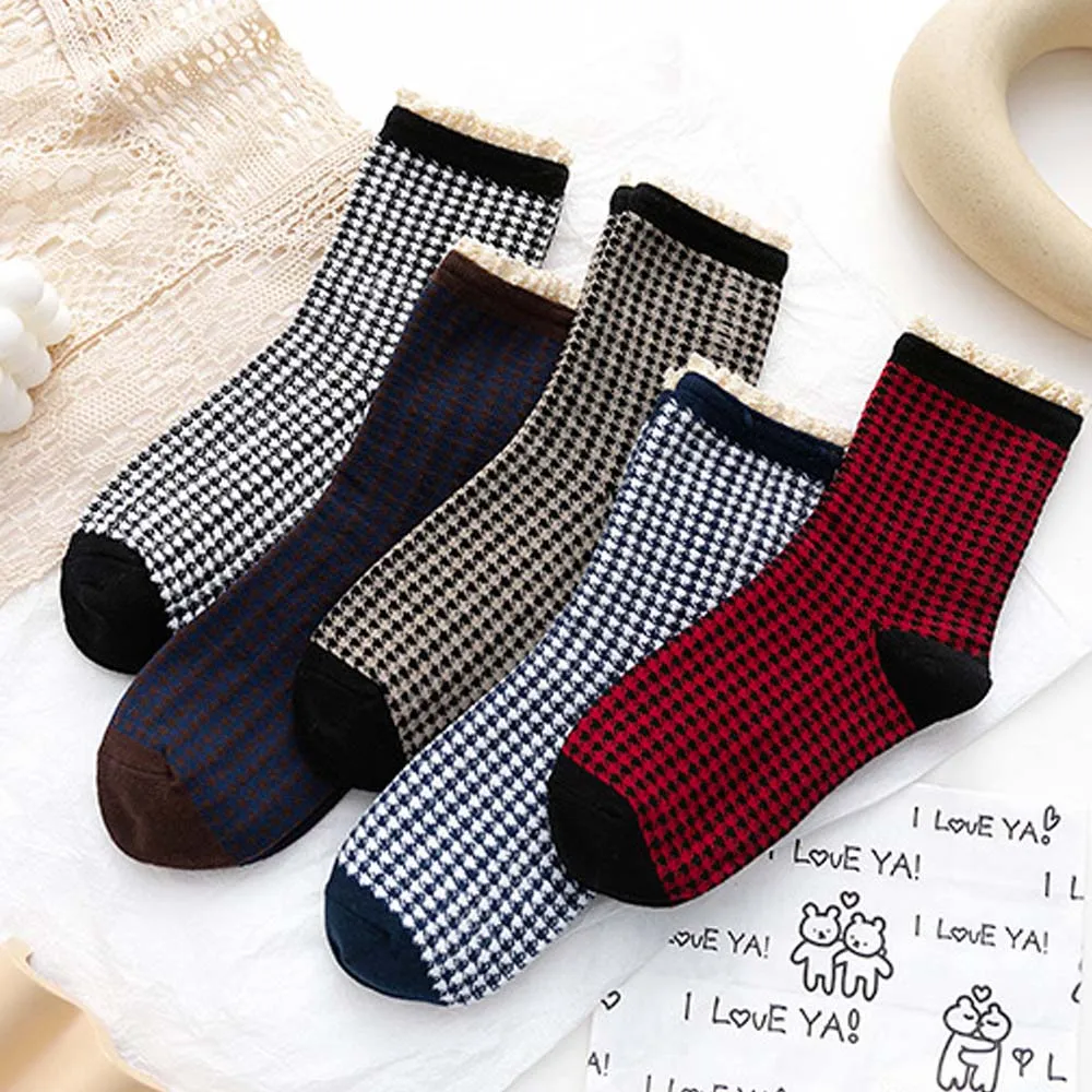 

Женские носки 2022, хлопковые дышащие кружевные носки в стиле ретро с рисунком «гусиные лапки», удобные носки в этническом стиле