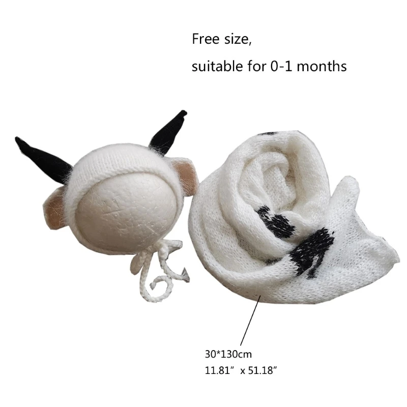 

2 Pcs Infants Mink Fur Cute Cow Ear Hat Wrap Set Baby Blanket Beanie Cap Kit Newborn Photography Props Photo Shooting