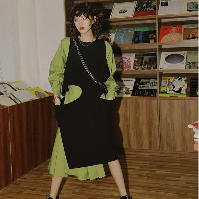 LANMREM 2020 осеннее новое модное платье из двух частей свободное с длинными рукавами