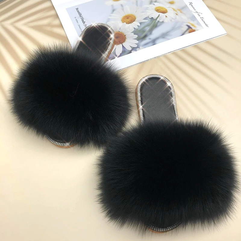 Блестящие Тапочки С Мехом летние Женские Сандалии тапочки Для Дома 2021 Модные