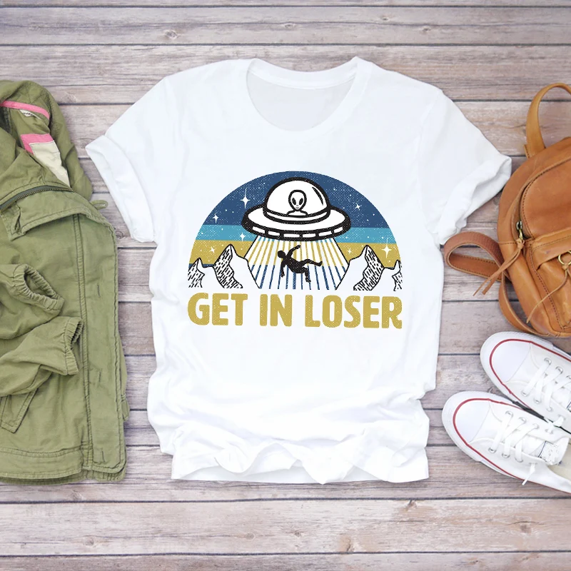 Женская забавная Модная одежда с героями мультфильмов UFO Alien летняя футболка