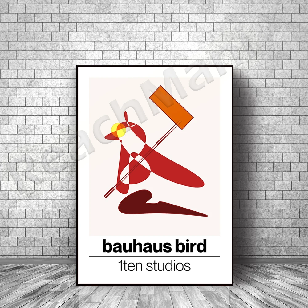 

Bauhaus style bird art printing with geometric shapes and color design + Bauhaus typesetting (classic art printing poster)