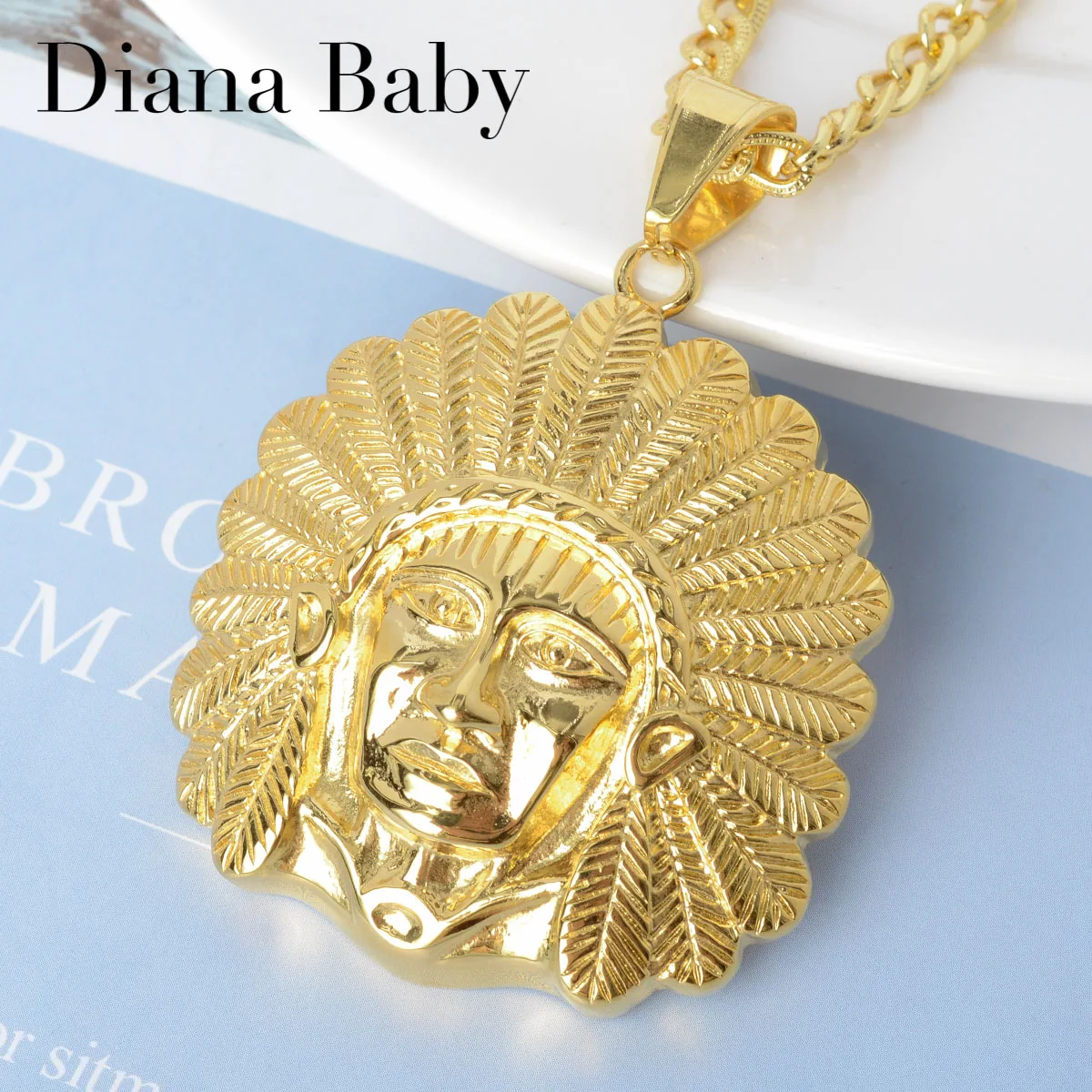 

Diana Baby Jewelry Hip Hop Stainless Steel Indian Chief Pendent Necklace 60cm For Men Rapper High Quality Gold Plated