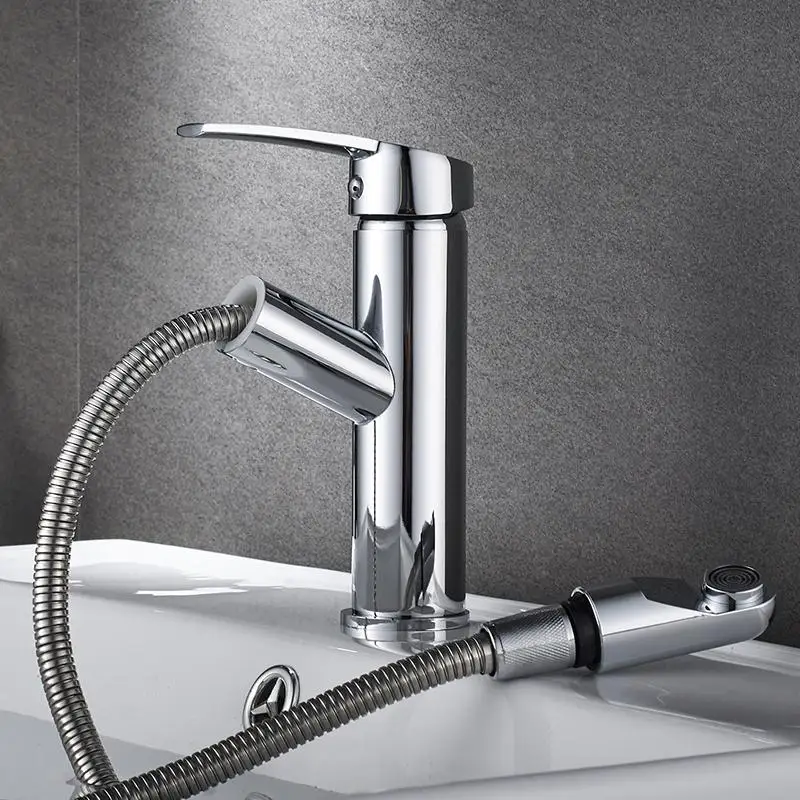 

Bathroom Kitchen Basin Faucet Single Handle Pull Out Spray Sink Tap Hot And Cold Water Deck Mount Faucets