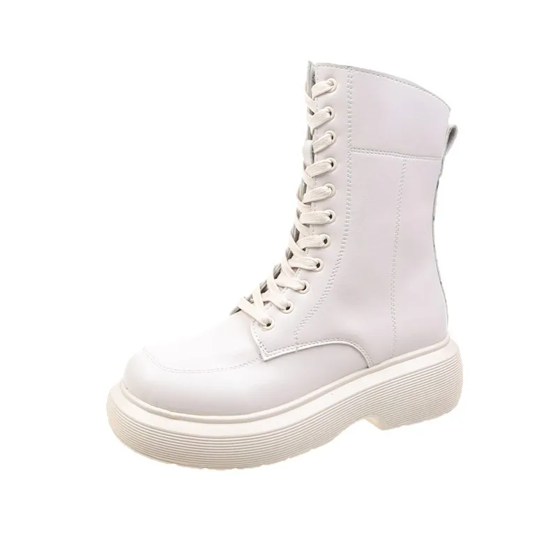 2021 New Winter Leather Women's Boots Fur Warm Boots Snow Boots Lace-up Platform Boots Black Motorcycle Boots Shoes