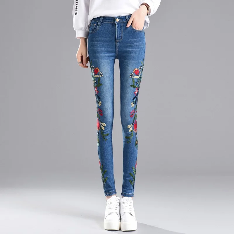 Женские джинсы с вышивкой сбоку брюки высокой талией для женщин размера плюс