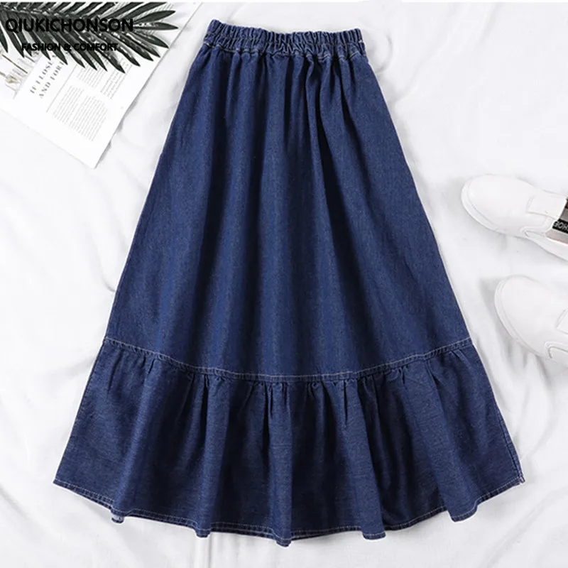 

Юбка джинсовая Qiukichonson, трапециевидная, с рюшами, с высокой талией, в Корейском стиле преппи, для подростков, на лето, джинсы Midi, размера плюс