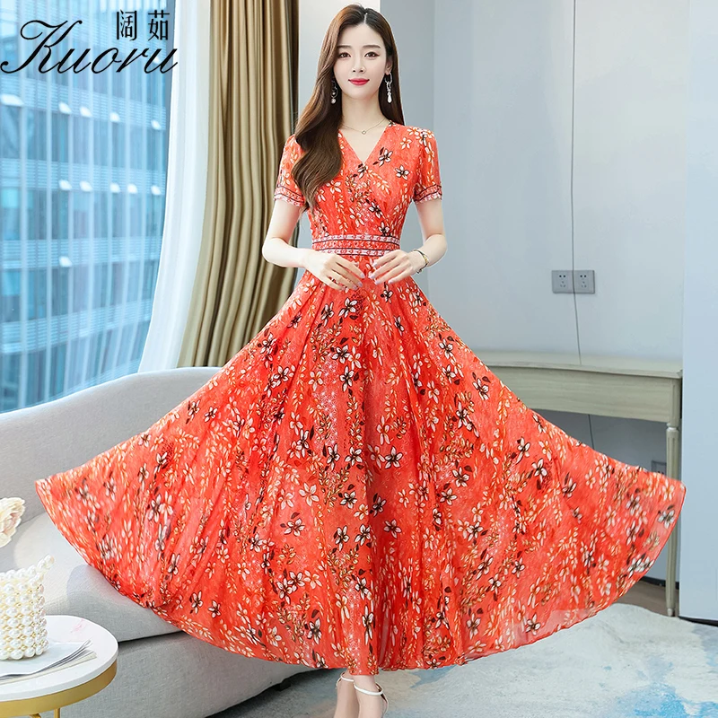 

Chiffon Short Sleeve Dress Women Summer 2022 V-Neck Vintage Sukienka W Kwiaty Robe Longue Boho Vestiti Eleganti Chic Dresses