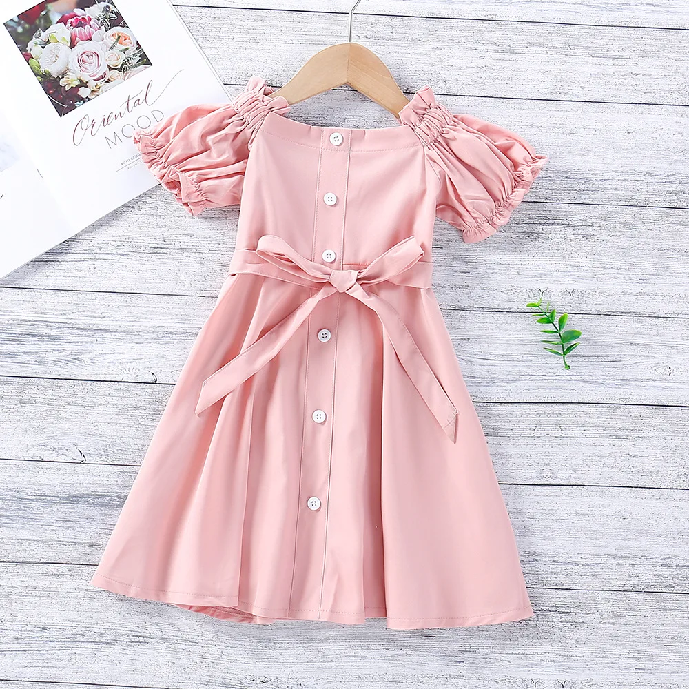 

2021 Summer New Single-breasted Children's Dress One-shoulder Fashion Fold Puff Sleeve Sweet Girl Dress