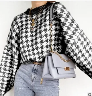 

Women Houndstooth print Sweaters Casual Long Sleeves O-collar knitting Loose Pullover Tops flexible neckline Not irritating