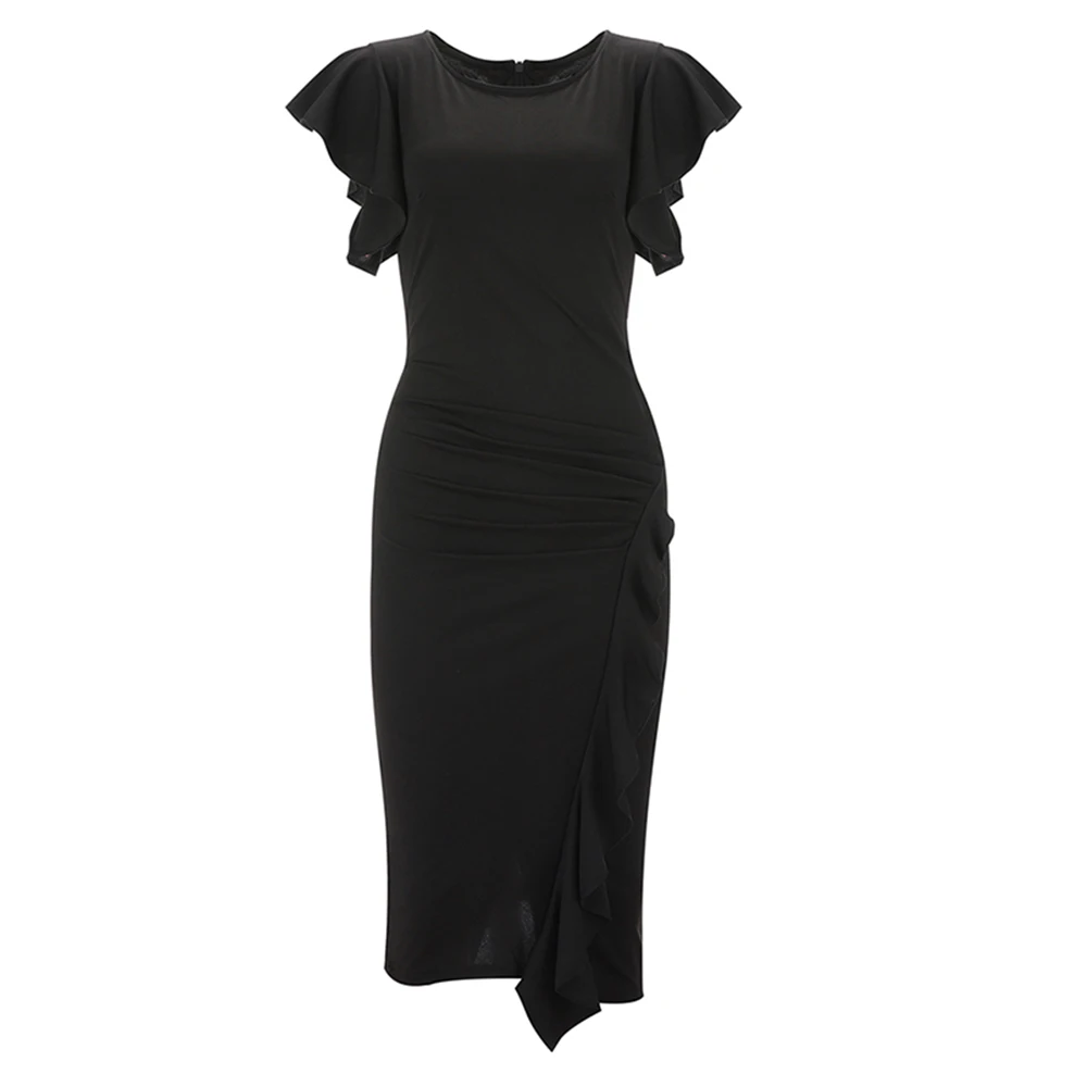 Женское платье с оборками на рукавах элегантное черное облегающее для свадебной