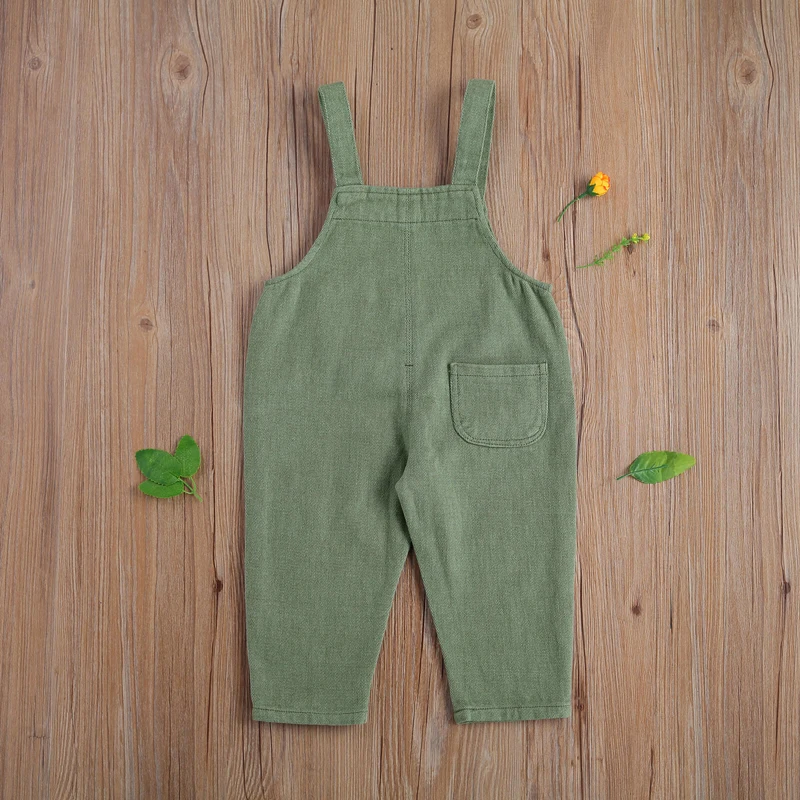 

lioraitiin 0-4Years Little Boy Girl's Suspenders Pants Children's Solid Color Jeans Straps Long Pants Big Pocket 4Colors