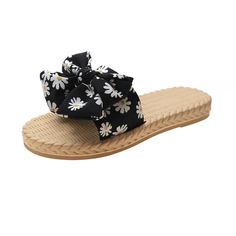 

Flat Shoes Female Woman's Slippers Butterfly-Knot Slides 2021 Massage Soft Summer PU Basic Rubber Butterfly-knot Fabric Casual