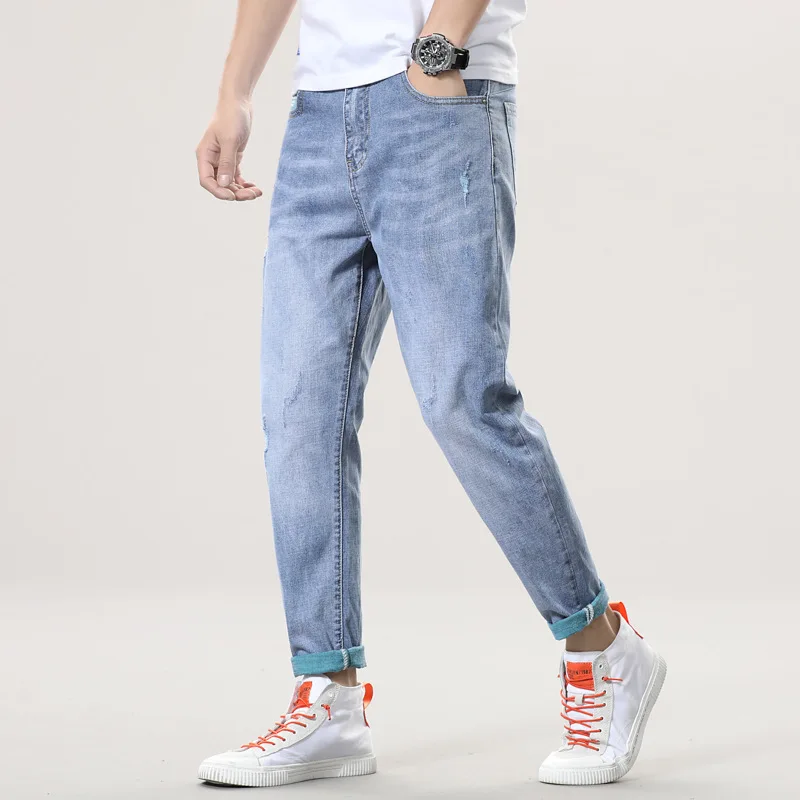 Весна/Лето 2020 новые джинсы мужские синие эластичные шаровары Маленькие ноги