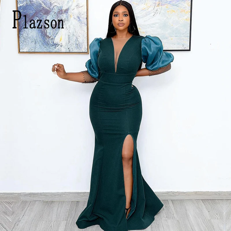 

Платье-Макси женское облегающее однотонное зеленое с рукавами-фонариками и глубоким V-образным вырезом