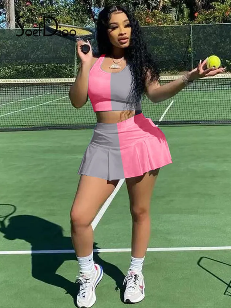 

Спортивный костюм Soefdioo в стиле пэчворк контрастных цветов, жилет, шорты, юбка, комплект из двух предметов, женские повседневные спортивные к...