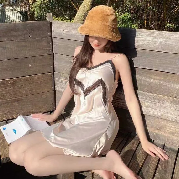 New European Sexy Nightdress Fashion 2021 Summer Silk Women Nightwear Lace Splicing Hanging Belt Skirt Home Wear Sleepwear