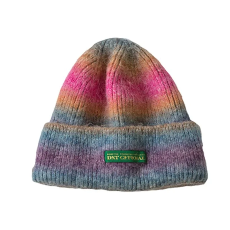 

Вязаная шапка Tie-dye с радужным градиентом Женская осенне-зимняя универсальная теплая Модная шапка-свитер Корейская версия мужская Японская