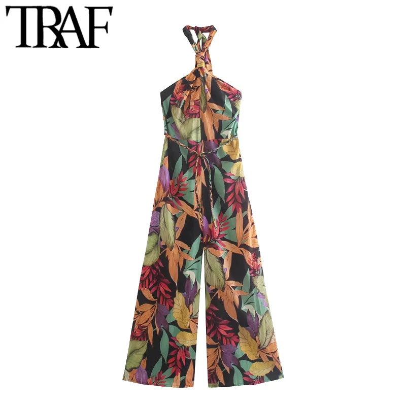 

TRAF Women Chic Fashion With Belt Floral Print Jumpsuits Vintage Halter Neck Backless Female Playsuits Mujer
