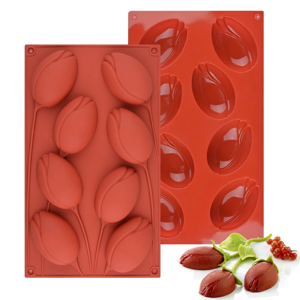 

FUNBAKY 8 Cavity Tulip Cake Decorating Mold Silicone Mold for Baking Mousse Cakes Bakeware Tools