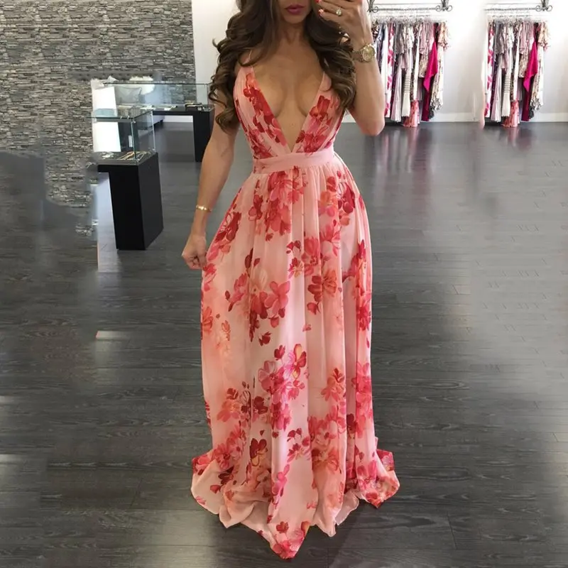 Летнее женское шифоновое макси-платье с открытой спиной Пляжное Платье в стиле