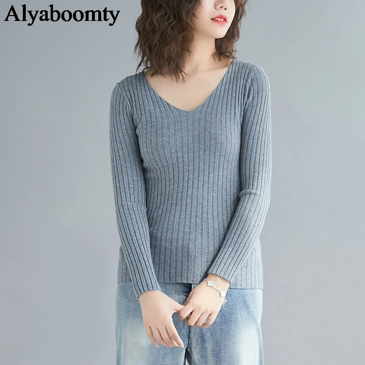 Корейский стиль осень зима женский свитер с v-образным вырезом черный серый