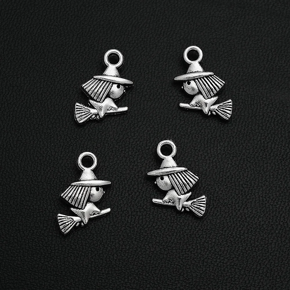 40 шт./лот 11x16 мм Античная Посеребренная ведьма подвески с метлой Хэллоуин милые