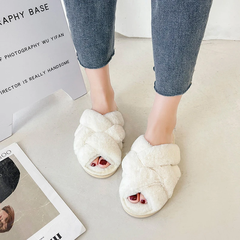 

New Women Faux Fur Slippers Slides Plush Fleece Winter Warm Home Indoor Outdoor Slippers Shoes Lady Cross Fulffy Furry Slippers