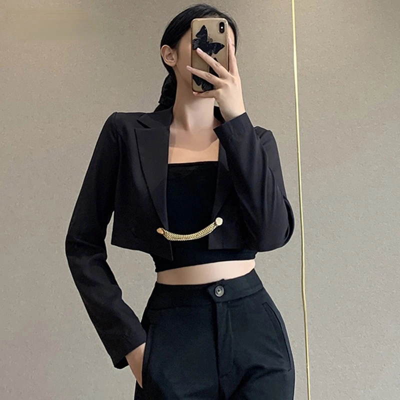

Streerwear Metal PatchworkBlack Blazer Jacket Women Fashion Crop Suits V-neck Casual Fitness Female Tops Autumn