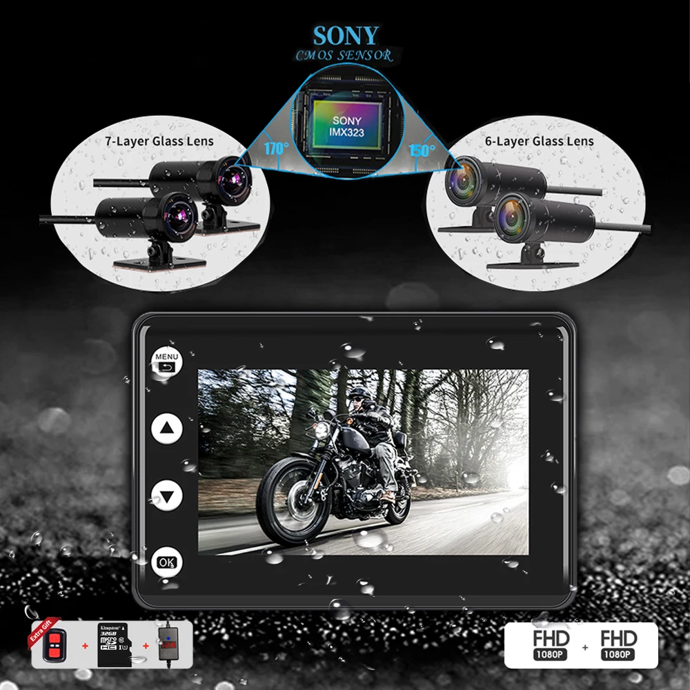 Водонепроницаемая мотоциклетная видеорегистратор FHD 1080P Wi Fi 170 °/150 ° двойная
