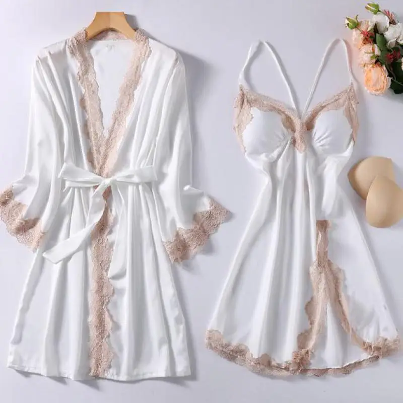 

Twinset Robe Set Women Lace Kimono Bath Gown Bride Bridemaid Wedding Bathrobe&Spaghetti Strap Nightgown Sexy V-Neck Sleepwear