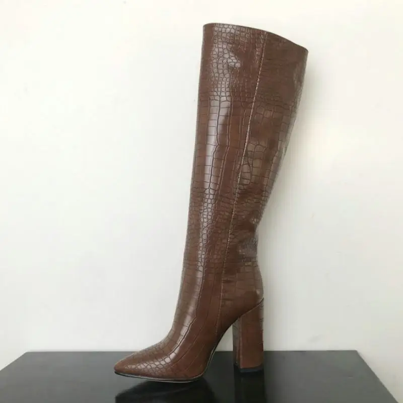 

Coolcept Women Winter Long Boots Fashion Crocodile Pattern Pointed Toe Shoes Women Keep Warm High Heels Footwear Size 34-43