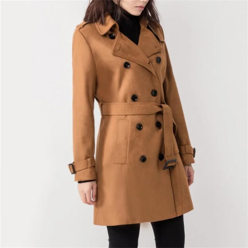 

European spring ladies suede trench coat for women long sleeves coats womens casaco feminino overcoat woman jaqueta autumn khaki