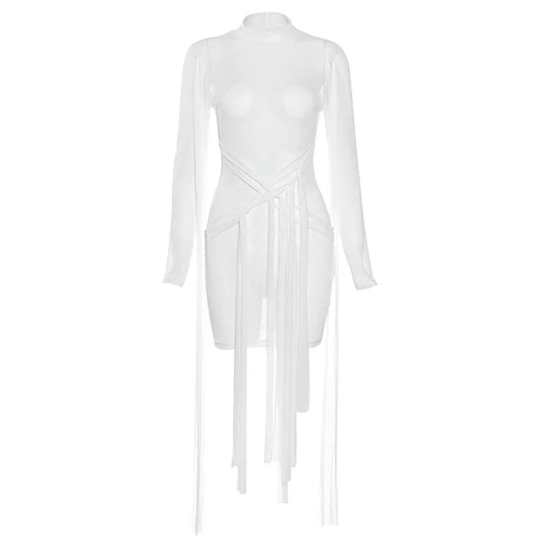 

Mesh transparent sexy short bandage dress Women long sleeve bodycon party dress Summer slimming fashion club white dresses 2021