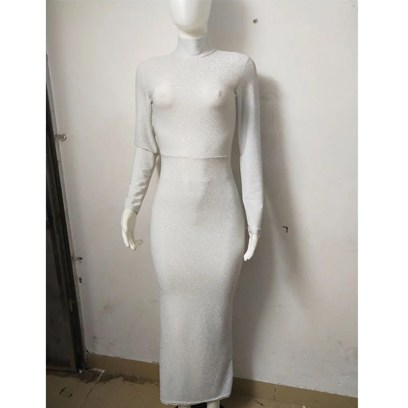 

Sexy Long Sleeve Turtleneck Solid Color Shining Slim Bodycon Dress Elegant Long Maxi Evening Party Dress Vestidos