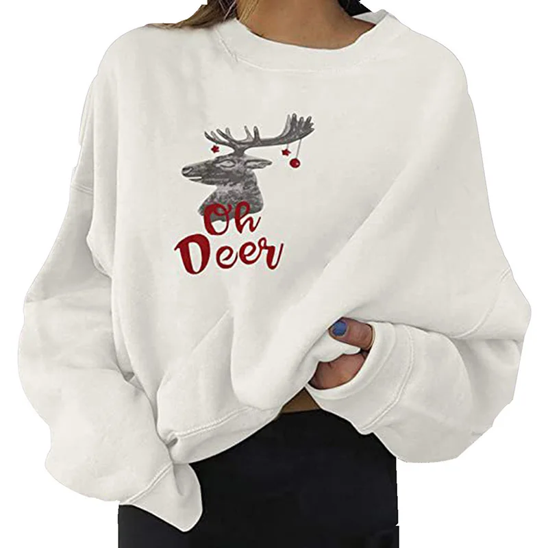 Funny New Year's Deer Print Christmas Sweatshirts White Big Size Women Clothes Long Sleeve Tops Raglan Pullovers Spring Autumn