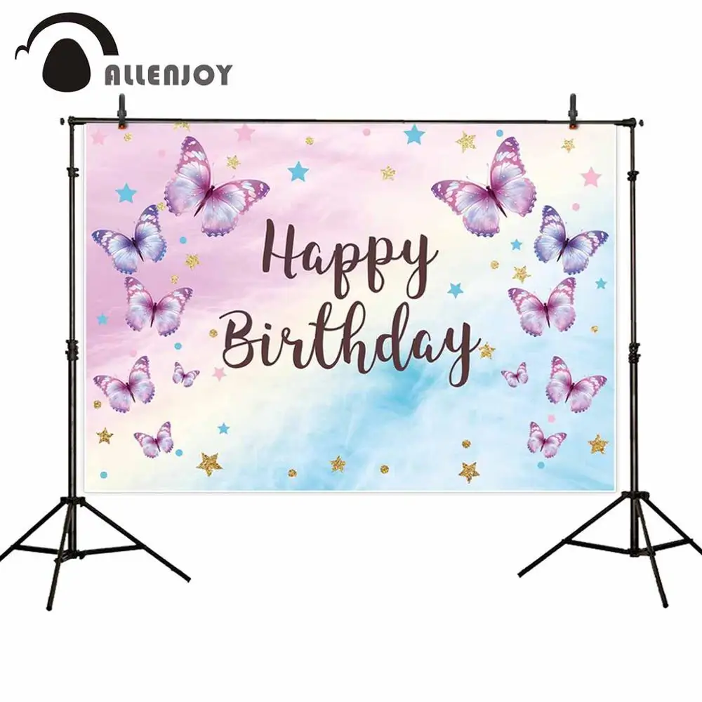 

Allenjoy Purple butterfly Pastel Photo curtains spot star Baby Shower photography backdrop Happy Birthday Party table covers